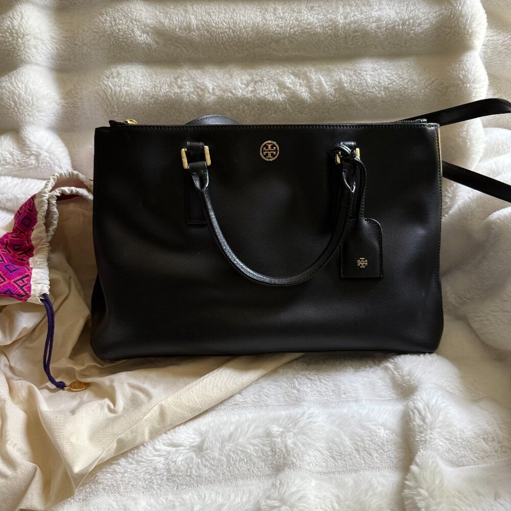 Tory Burch Robinson Double Zip Tote | Saffiano Leather | Black | Gently Used
